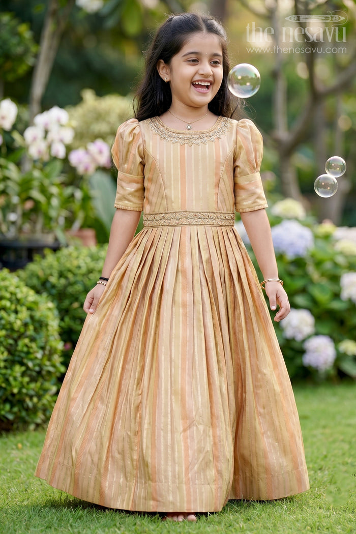 The Nesavu Girls Silk Gown Girls Yellow Georgette Anarkali with Gold Striped Pattern and Embroidered Neckline Nesavu 18 (2Y) / Yellow GA291A-18 Girls Elegant Yellow Georgette Anarkali Embroidery Gold Stripes | The Nesavu
