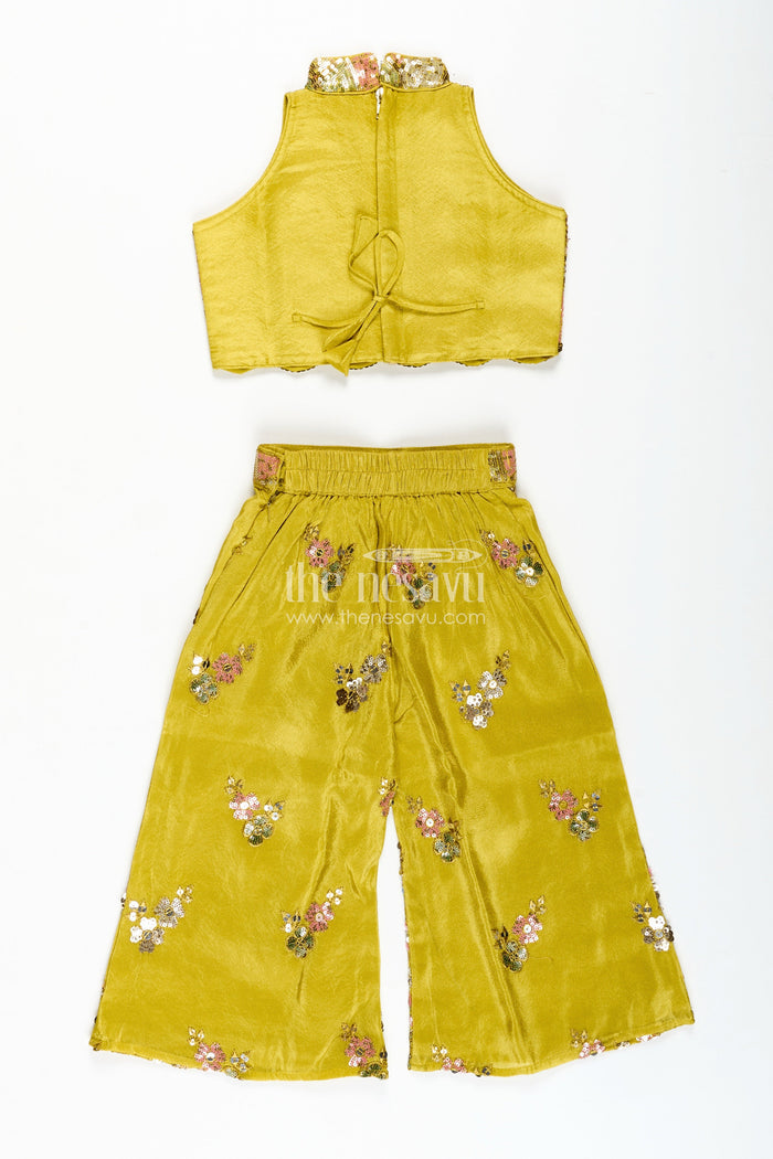 The Nesavu Girls Sharara / Plazo Set Girls Yellow Georgette Indo-Western Palazzo Set with Sequin Embroidery Nesavu Nesavu Yellow Georgette Palazzo Set Girls Haldi Function Festive Wear