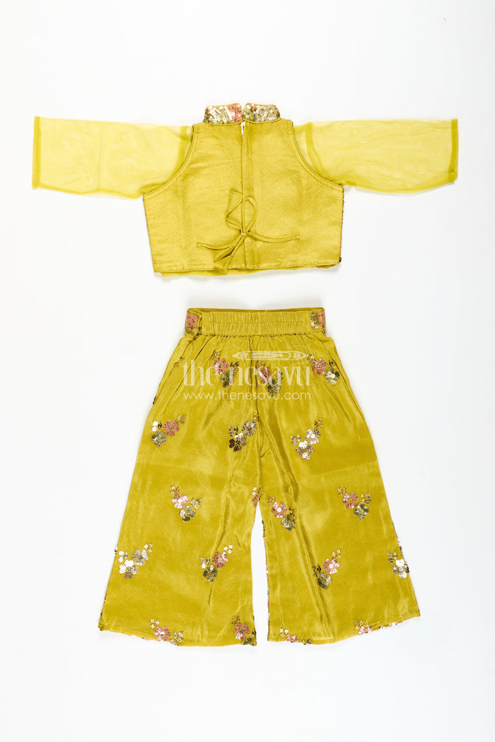 The Nesavu Girls Sharara / Plazo Set Girls Yellow Georgette Indo-Western Palazzo Set with Sequin Embroidery Nesavu Nesavu Yellow Georgette Palazzo Set Girls Haldi Function Festive Wear