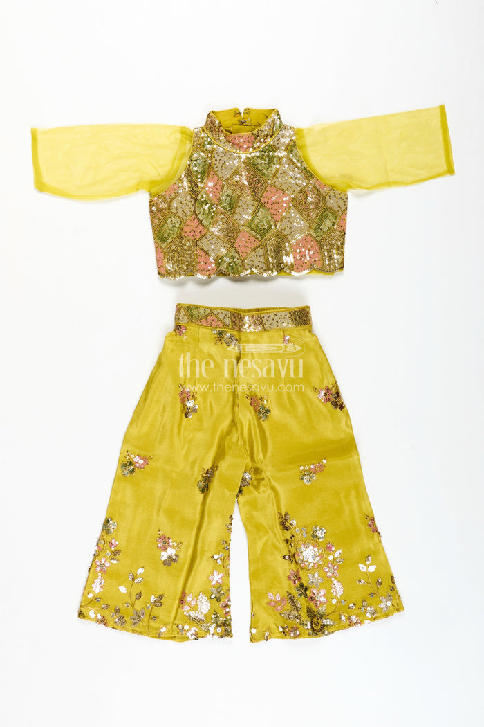The Nesavu Girls Sharara / Plazo Set Girls Yellow Georgette Indo-Western Palazzo Set with Sequin Embroidery Nesavu Nesavu Yellow Georgette Palazzo Set Girls Haldi Function Festive Wear