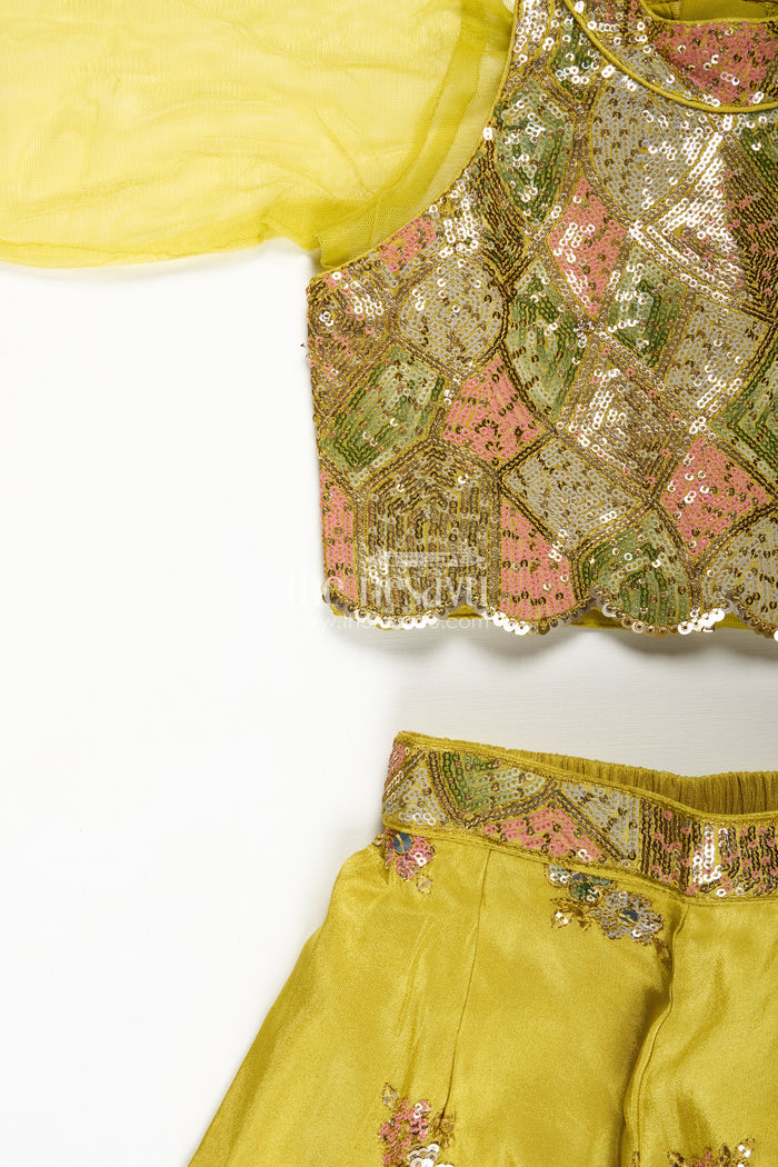 The Nesavu Girls Sharara / Plazo Set Girls Yellow Georgette Indo-Western Palazzo Set With Sequin Embroidery Nesavu Nesavu Yellow Georgette Palazzo Set Girls Haldi Function Festive Wear