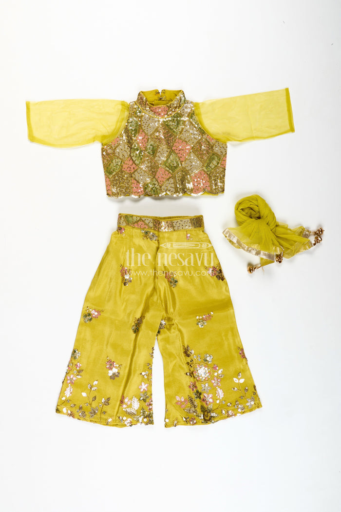 The Nesavu Girls Sharara / Plazo Set Girls Yellow Georgette Indo-Western Palazzo Set with Sequin Embroidery Nesavu Nesavu Yellow Georgette Palazzo Set Girls Haldi Function Festive Wear