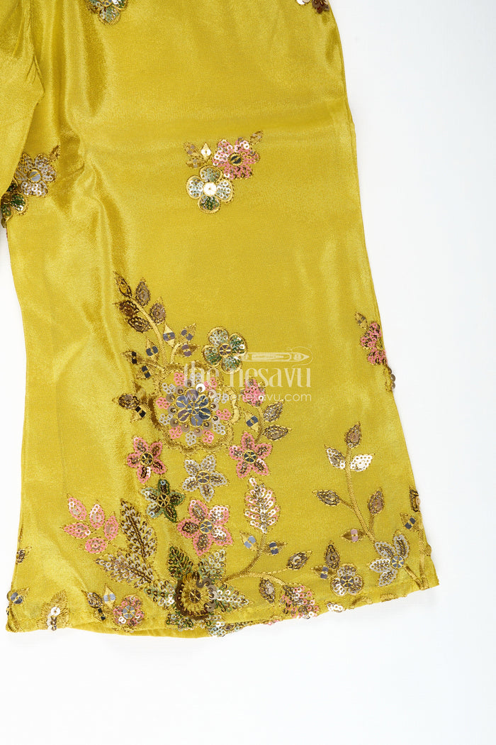 The Nesavu Girls Sharara / Plazo Set Girls Yellow Georgette Indo-Western Palazzo Set With Sequin Embroidery Nesavu Nesavu Yellow Georgette Palazzo Set Girls Haldi Function Festive Wear