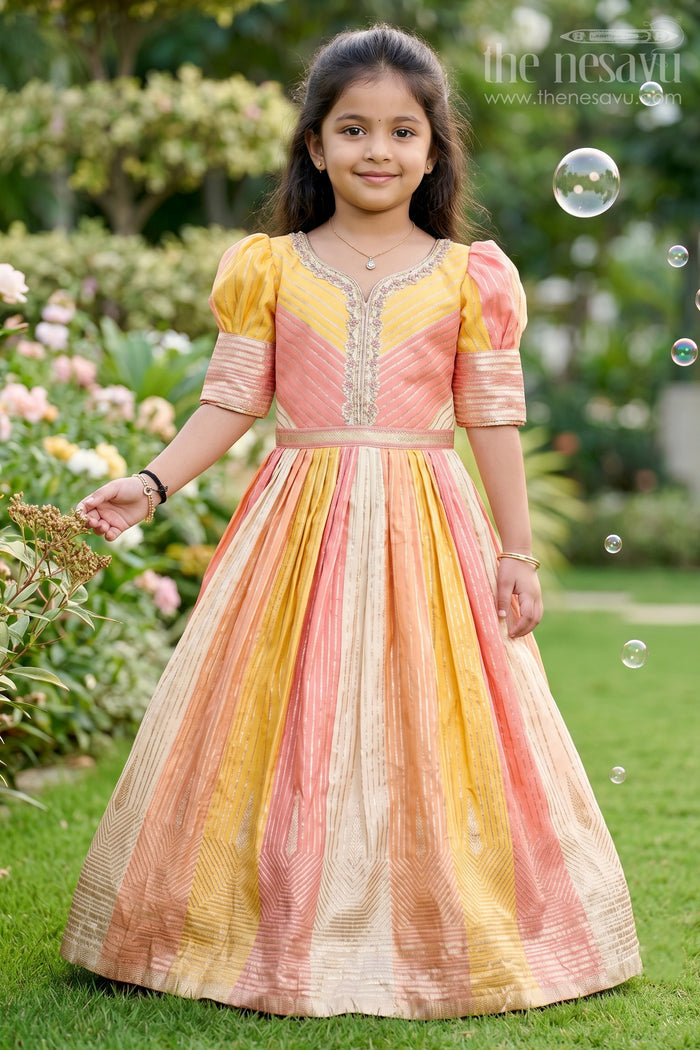 The Nesavu Girls Silk Gown Girls Yellow Gown with Banarasi Kali Jacquard Silk and Embellished Neckline for Festive Wear Nesavu 18 (2Y) / Yellow GA299A-18 Girls Yellow Gown Banarasi Kali Jacquard Silk Embellished Neckline Festive Wear | The Nesavu