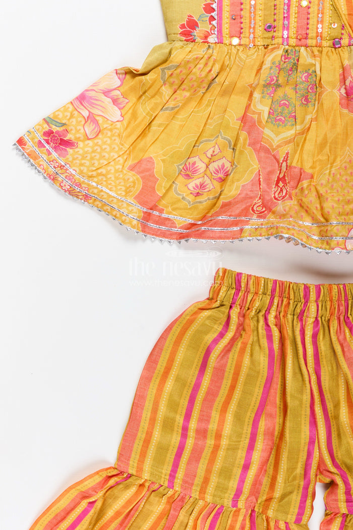The Nesavu Girls Sharara / Plazo Set Girls yellow sharara set with ethnic floral print for festive functions Nesavu Nesavu girls yellow sharara set ethnic floral print striped pants  festive wear toddlers