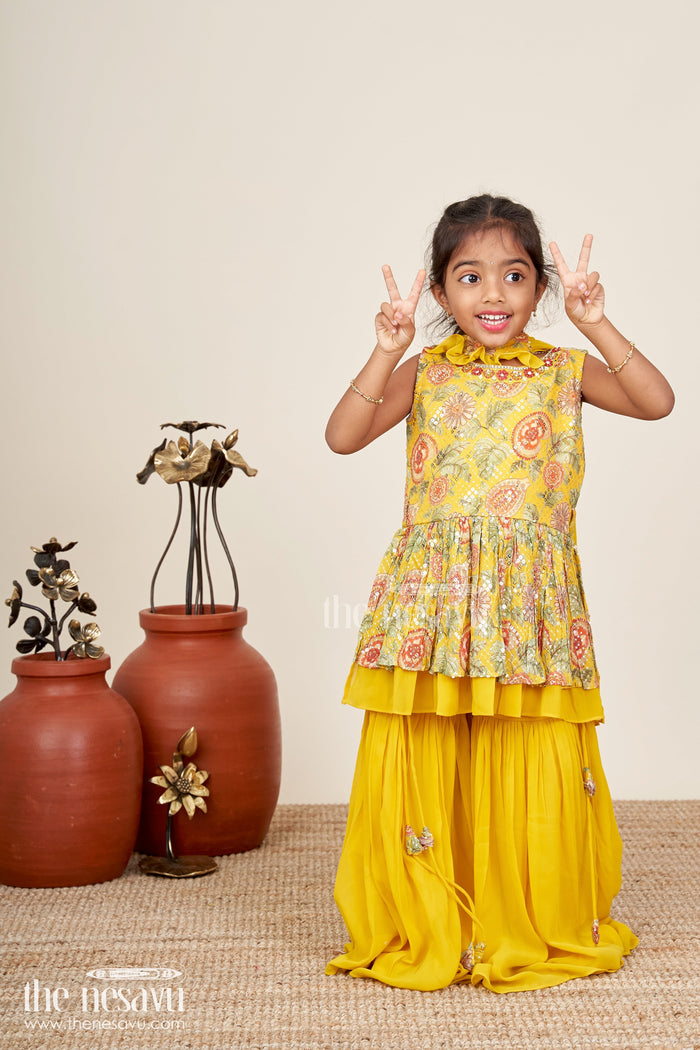 The Nesavu Girls Sharara / Plazo Set Girls yellow sharara set with mirror embroidery for festive occasions Nesavu 18 (2Y) / Yellow GPS682A-18 Nesavu girls yellow embroidered sharara set mirror work  festive ethnic outfit weddings Diwali