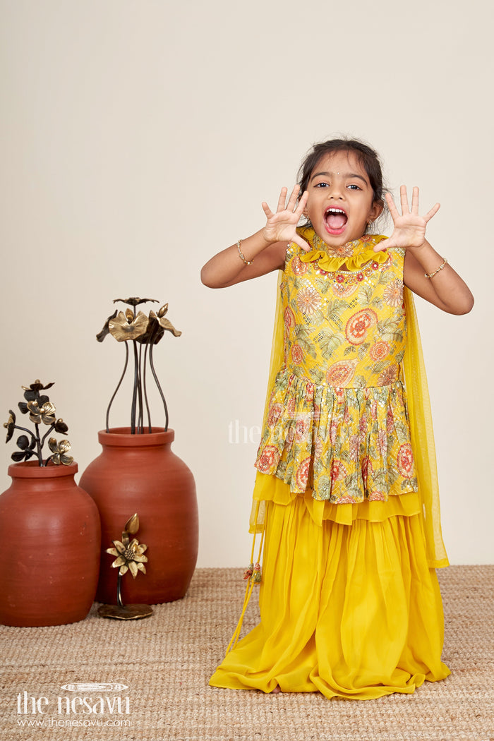 The Nesavu Girls Sharara / Plazo Set Girls yellow sharara set with mirror embroidery for festive occasions Nesavu Nesavu girls yellow embroidered sharara set mirror work  festive ethnic outfit weddings Diwali