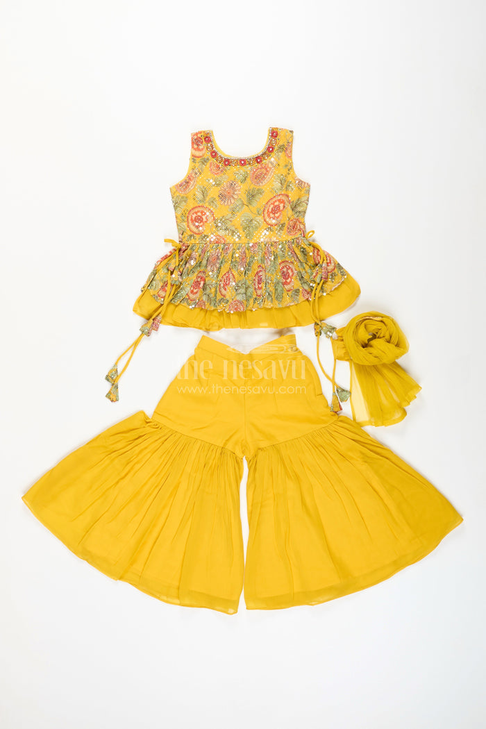 The Nesavu Girls Sharara / Plazo Set Girls yellow sharara set with mirror embroidery for festive occasions Nesavu Nesavu girls yellow embroidered sharara set mirror work  festive ethnic outfit weddings Diwali