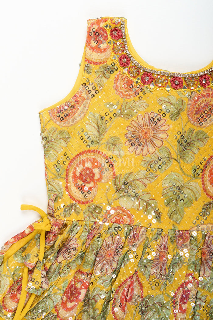 The Nesavu Girls Sharara / Plazo Set Girls yellow sharara set with mirror embroidery for festive occasions Nesavu Nesavu girls yellow embroidered sharara set mirror work  festive ethnic outfit weddings Diwali