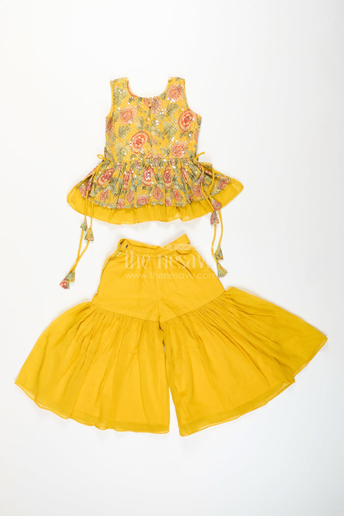 The Nesavu Girls Sharara / Plazo Set Girls yellow sharara set with mirror embroidery for festive occasions Nesavu Nesavu girls yellow embroidered sharara set mirror work  festive ethnic outfit weddings Diwali