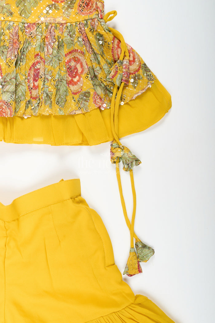 The Nesavu Girls Sharara / Plazo Set Girls yellow sharara set with mirror embroidery for festive occasions Nesavu Nesavu girls yellow embroidered sharara set mirror work  festive ethnic outfit weddings Diwali