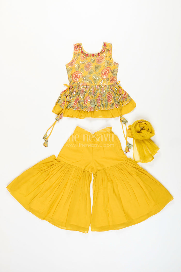 The Nesavu Girls Sharara / Plazo Set Girls yellow sharara set with mirror embroidery for festive occasions Nesavu Nesavu girls yellow embroidered sharara set mirror work  festive ethnic outfit weddings Diwali