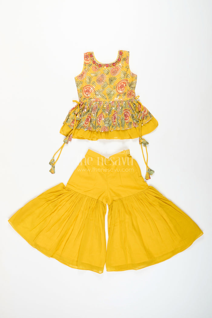 The Nesavu Girls Sharara / Plazo Set Girls yellow sharara set with mirror embroidery for festive occasions Nesavu Nesavu girls yellow embroidered sharara set mirror work  festive ethnic outfit weddings Diwali