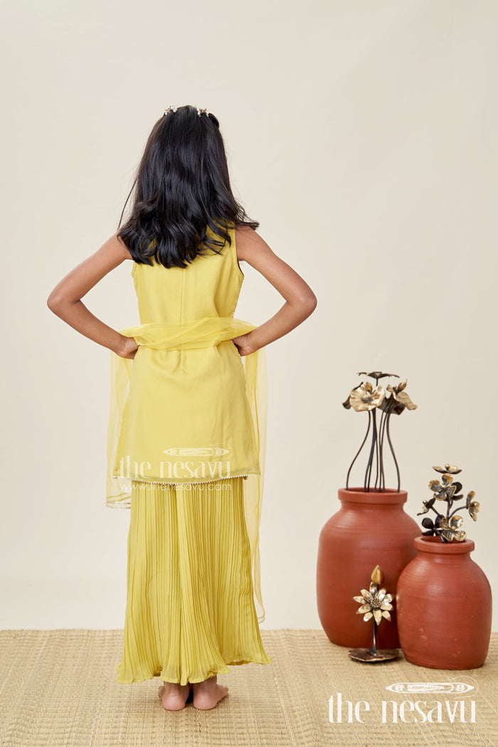 The Nesavu Girls Sharara / Plazo Set Girls Yellow Sharara Set with Sequin High-Neck Top and Flared Pants Nesavu Nesavu Yellow Embroidered Sharara Set Girls High Neck Sequin Top Pleated Pants