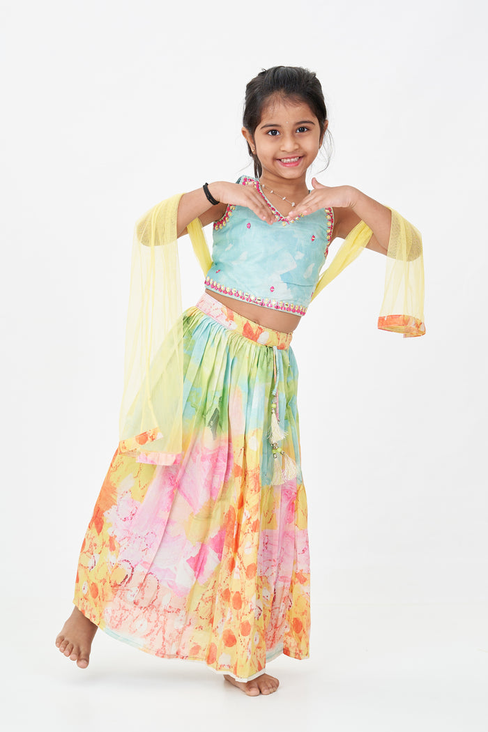 The Nesavu Girls Lehenga Choli Girls Yellow Shimmer Lehenga Choli with Vibrant Digital Print Perfect for Yellow Cotton Lehenga Party Look Nesavu 16 (1Y) / Yellow GL586B-16 Girls Yellow Shimmer Lehenga Choli Vibrant Digital Print Perfect Yellow Cotton Lehenga Inspired Festive Wear | The Nesavu