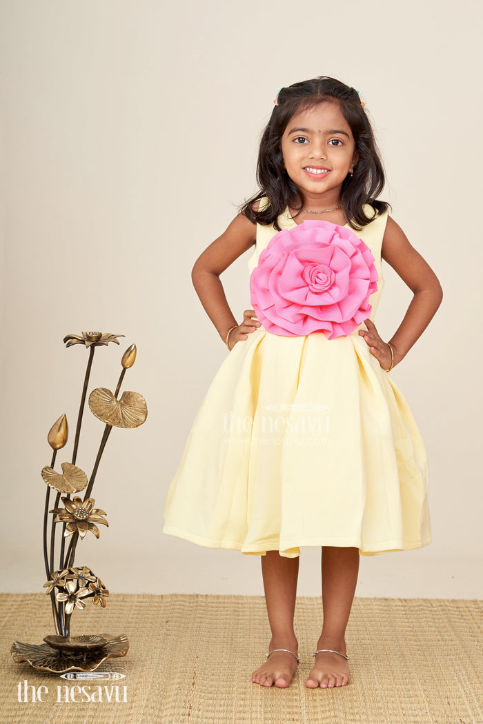 The Nesavu Girls Fancy Party Frock Girls yellow sleeveless party frock with oversized pink flower  birthday special Nesavu 16 (1Y) / Yellow PF272A-16 Nesavu girls yellow sleeveless party frock big pink flower  birthday celebration wear