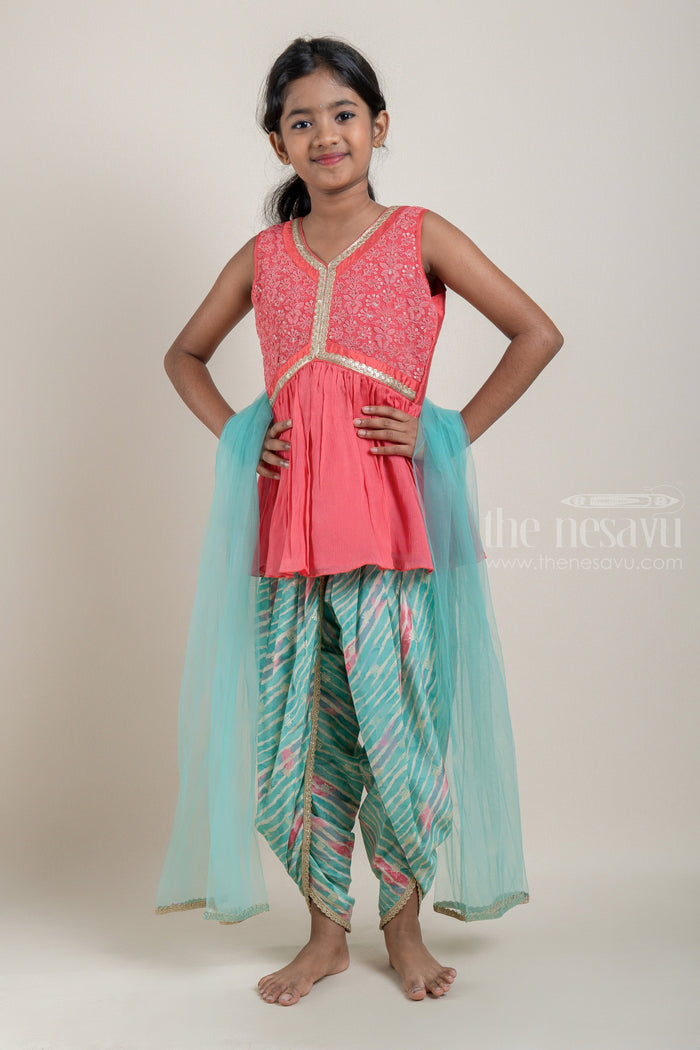 The Nesavu Sets & Suits Glitter Sequin Embroidered Red Kurti and Striped Green Pant for Girls with Organza Dupatta psr silks Nesavu 14 (6M) / Red GPS148B