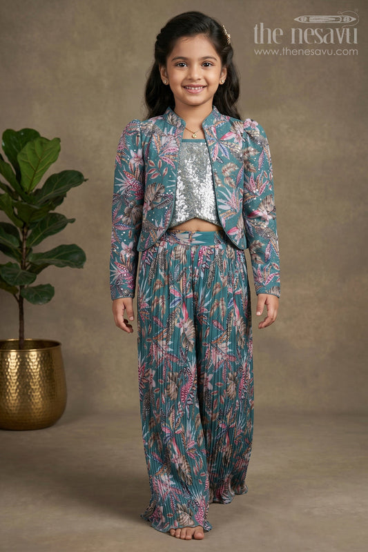 The Nesavu Girls Sharara / Plazo Set Glittering Soiree: Sequin Embroidered Crop Top with Jacket and Palazzo Ensemble Nesavu 24 (5Y) / Green / Chinnon GPS298A-24 Shop Designer Sequin Crop Top and Palazzo Set | The Nesavu