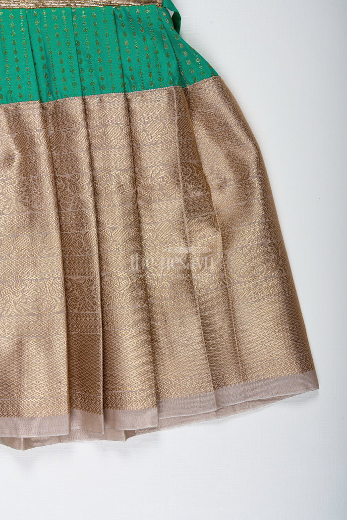 The Nesavu Tie-up Frock Gold and Green Frock for Baby Girls Semi Silk Ethnic Dress with Brocade Detailing Nesavu Nesavu Gold And Green Semi Silk Frock For Baby Girls Ethnic Brocade Tie-Up Dress For Weddings