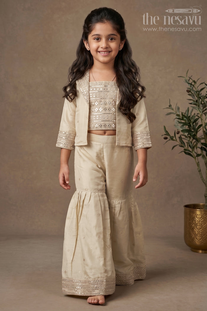 The Nesavu Girls Sharara / Plazo Set Gold Pure Tissue Sharara with Embroidered Jacket and 3/4 Sleeves for Girls Wedding Wear Nesavu 24 (5Y) / Gold GPS447A-24 Nesavu Gold Girls Sharara Set Embroidered Blouse Jacket Wide-Legged Pants Wedding Wear