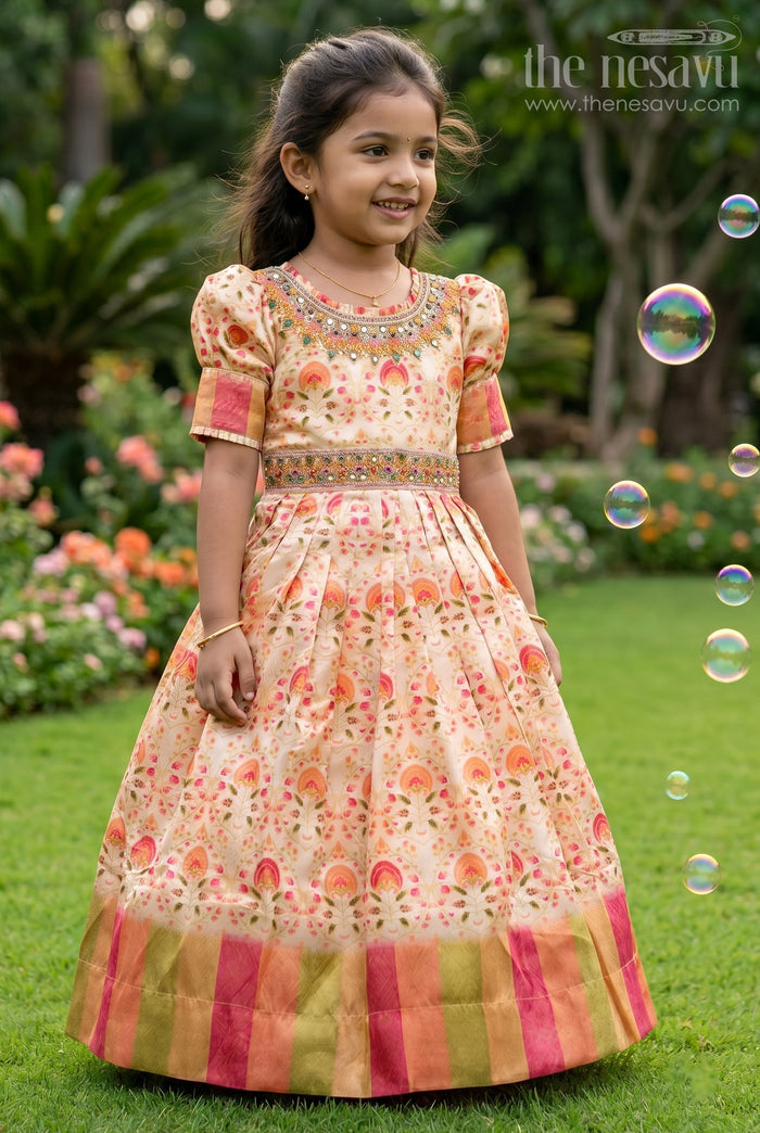 The Nesavu Girls Party Gown Golden Radiance: Girls Mirror Embroidered Yellow Party Gown Nesavu 18 (2Y) / Yellow / Blend Silk GA161A-18 Classic Meets Contemporary | The Nesavu