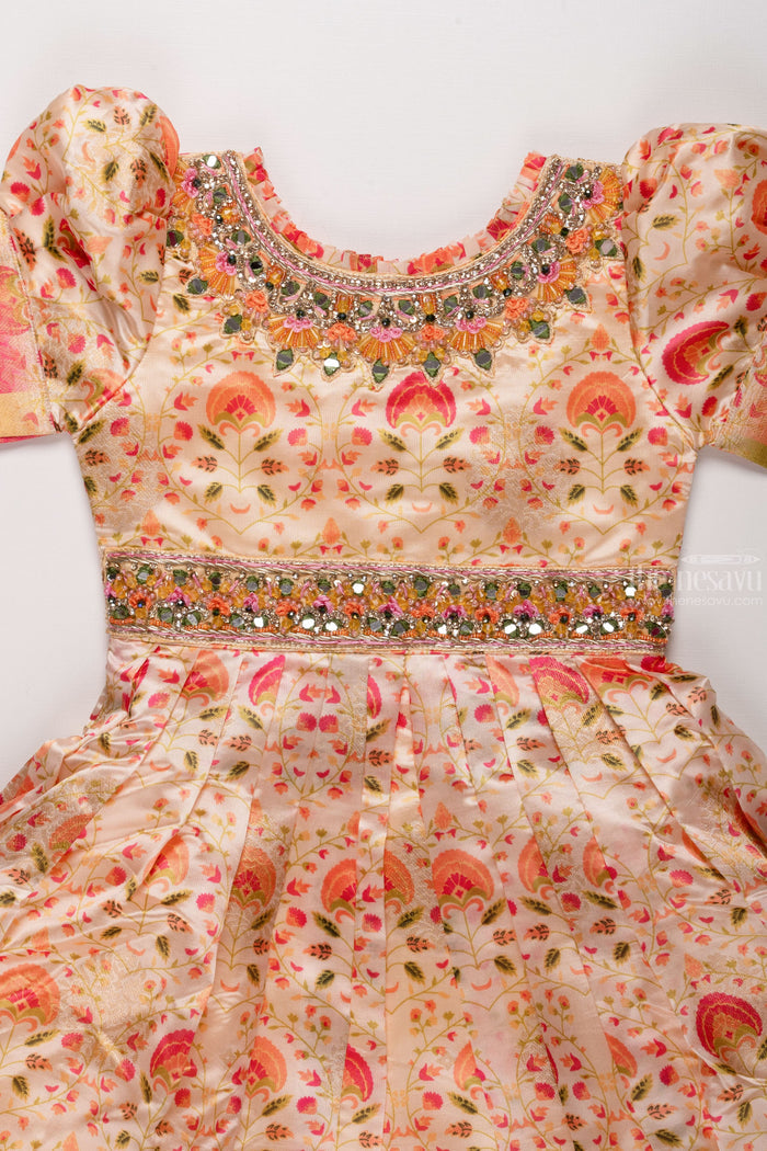 The Nesavu Girls Party Gown Golden Radiance: Girls Mirror Embroidered Yellow Party Gown Nesavu Classic Meets Contemporary | Anarkali Dresses for Little Girls | The Nesavu