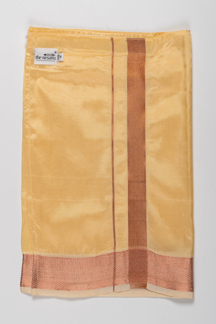 The Nesavu Boys Vesti Golden Yellow Silk Blend Boys Dhoti with Traditional Borders Nesavu 14 (6M) / Yellow / Blend Silk D009B-14 Buy Boys Golden Yellow Silk Dhoti | Traditional Festive Wear | Luxurious Silk Blend | The Nesavu