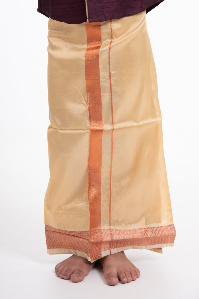The Nesavu Boys Vesti Golden Yellow Silk Blend Boys Dhoti with Traditional Borders Nesavu 14 (6M) / Yellow / Blend Silk D009B-14 Buy Boys Golden Yellow Silk Dhoti | The Nesavu