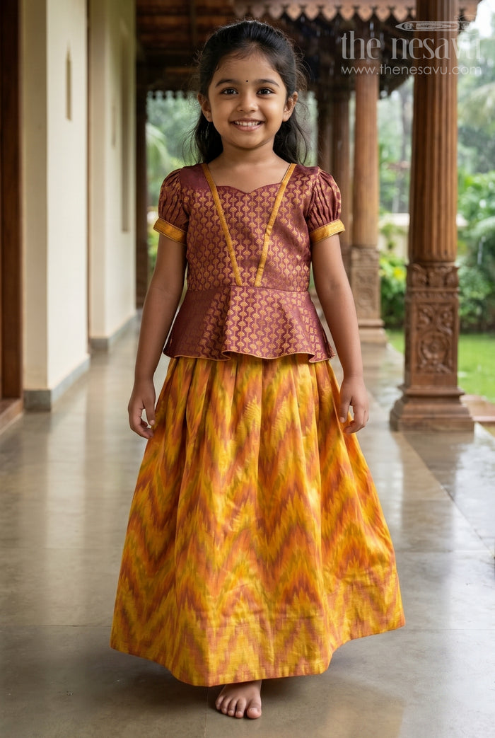 The Nesavu Pattu Pavadai Gorgeous Brown Floral Designed Silk Blouse with Ziz-Zag Pattu Pavadai for Girls Nesavu 16 (1Y) / Yellow / Jute Silk GPP253A-16 Brown Floral Silk Blouse with Pattu Pavadai Girls