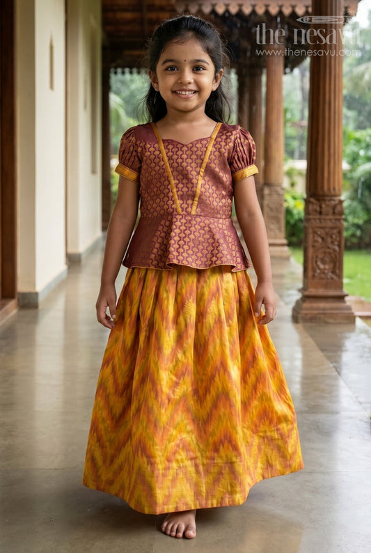 The Nesavu Pattu Pavadai Gorgeous Brown Floral Designed Silk Blouse with Ziz-Zag Pattu Pavadai for Girls Nesavu 16 (1Y) / Yellow / Jute Silk GPP253A-16 Brown Floral Silk Blouse with Pattu Pavadai Girls