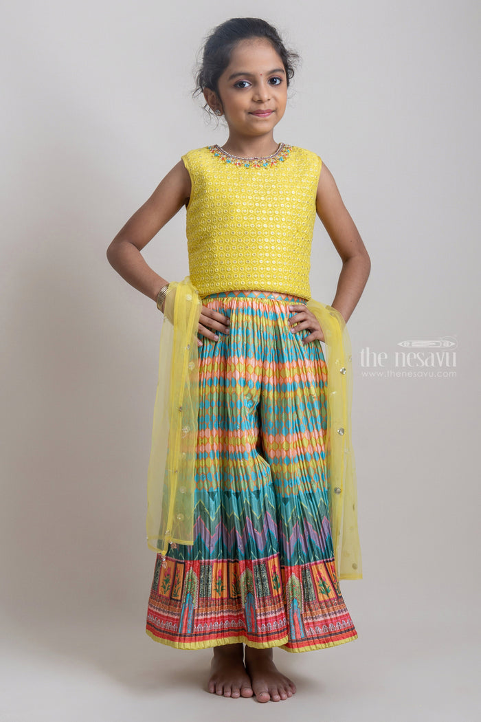 The Nesavu Girls Sharara / Plazo Set Gorgeous Yellow Floral Embroidery Crop top And Multicolor Printed Palazzo Suit For Girls Nesavu Traditional Dresses For Girls | Eye-catching Dresses For Girls | The Nesavu