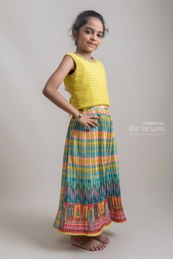 The Nesavu Girls Sharara / Plazo Set Gorgeous Yellow Floral Embroidery Crop top And Multicolor Printed Palazzo Suit For Girls Nesavu Traditional Dresses For Girls | Eye-catching Dresses For Girls | The Nesavu
