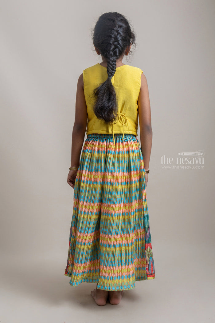 The Nesavu Girls Sharara / Plazo Set Gorgeous Yellow Floral Embroidery Crop top And Multicolor Printed Palazzo Suit For Girls Nesavu Traditional Dresses For Girls | Eye-catching Dresses For Girls | The Nesavu