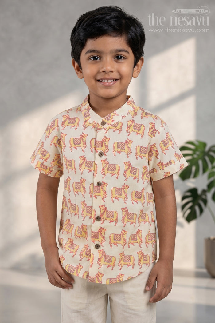 The Nesavu Boys Cotton Shirt Graceful Boys' Ethnic Shirt Featuring Pichwai Cow Print | Nesavu | Pay Homage To Art and Culture Nesavu 14 (6M) / Yellow / Cotton BS039D-14 Boys Printed Shirt | The Nesavu