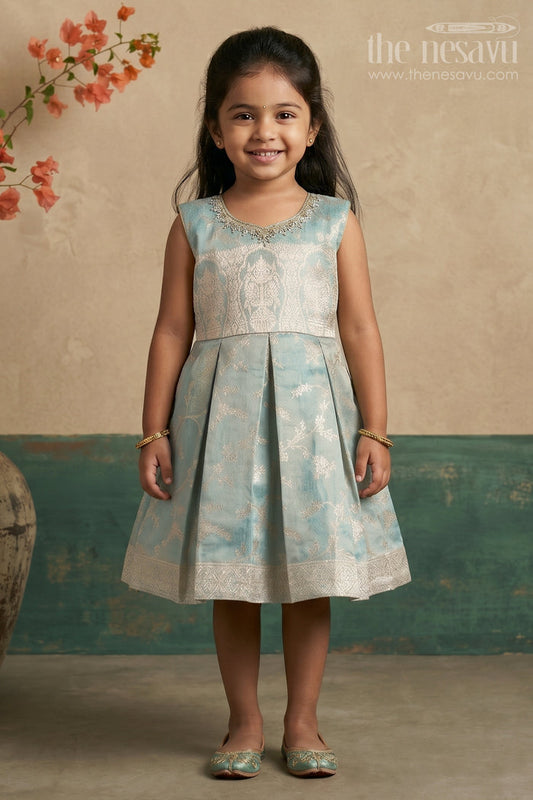 The Nesavu Silk Party Frock Graceful Girls Blue Silk Frock in Banarasi Jacquard with Gold Zari Patterns Nesavu 16 (1Y) / Blue SF976E-16 Girls Blue Silk Frock Banarasi Jacquard Gold Zari Embellishments | The Nesavu
