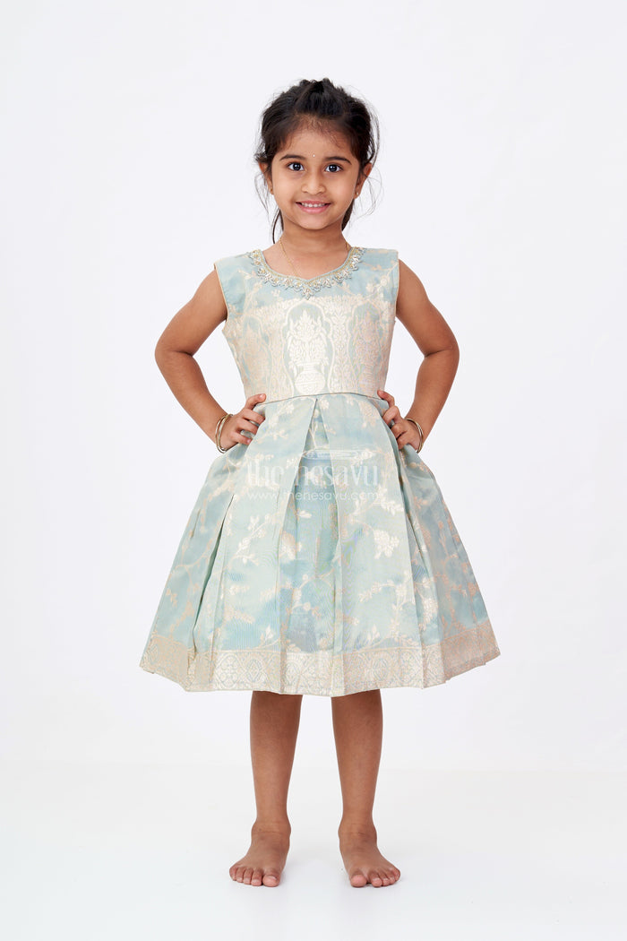The Nesavu Silk Party Frock Graceful Girls Blue Silk Frock in Banarasi Jacquard with Gold Zari Patterns Nesavu 16 (1Y) / Blue SF976E-16 Nesavu Girls Blue Silk Frock Banarasi Jacquard Gold Zari Embellishments