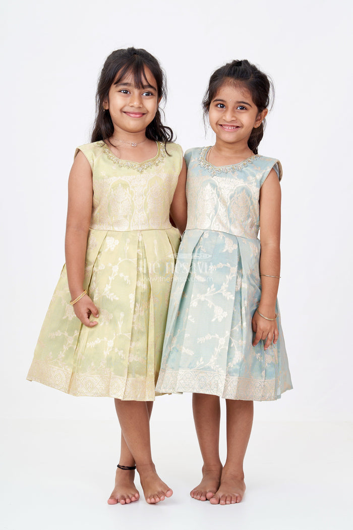 The Nesavu Silk Party Frock Graceful Girls Blue Silk Frock in Banarasi Jacquard with Gold Zari Patterns Nesavu Nesavu Girls Blue Silk Frock Banarasi Jacquard Gold Zari Embellishments