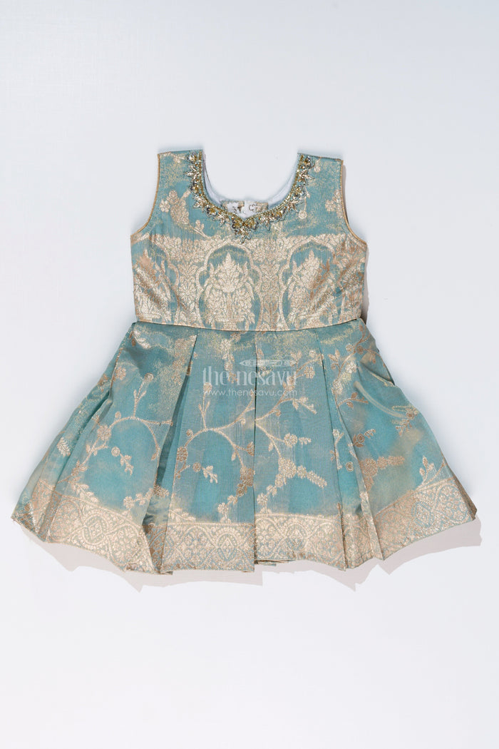 The Nesavu Silk Party Frock Graceful Girls Blue Silk Frock in Banarasi Jacquard with Gold Zari Patterns Nesavu Nesavu Girls Blue Silk Frock Banarasi Jacquard Gold Zari Embellishments