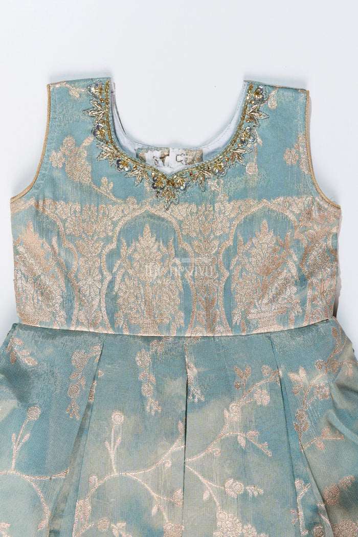 The Nesavu Silk Party Frock Graceful Girls Blue Silk Frock in Banarasi Jacquard with Gold Zari Patterns Nesavu Nesavu Girls Blue Silk Frock Banarasi Jacquard Gold Zari Embellishments