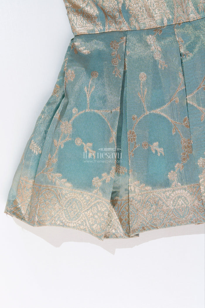 The Nesavu Silk Party Frock Graceful Girls Blue Silk Frock in Banarasi Jacquard with Gold Zari Patterns Nesavu Nesavu Girls Blue Silk Frock Banarasi Jacquard Gold Zari Embellishments