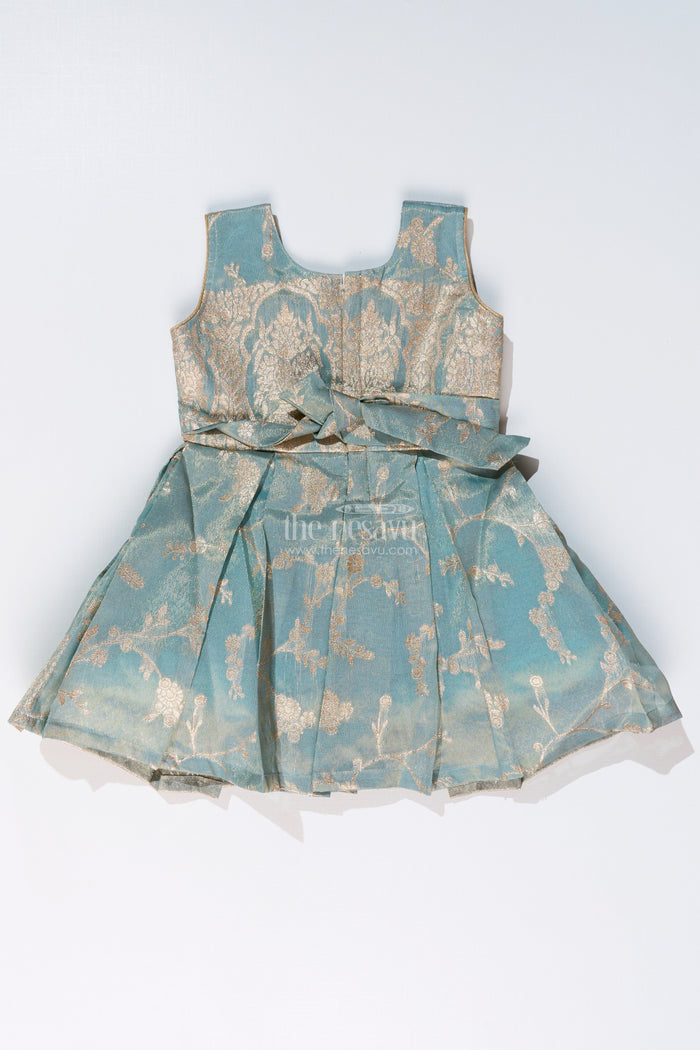 The Nesavu Silk Party Frock Graceful Girls Blue Silk Frock in Banarasi Jacquard with Gold Zari Patterns Nesavu Nesavu Girls Blue Silk Frock Banarasi Jacquard Gold Zari Embellishments