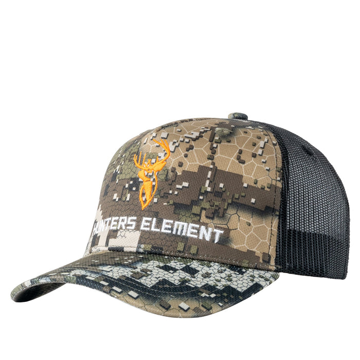 A camouflage pattern trucker cap with a curved peak and mesh back, featuring the 'Habitat Element' logo on the front.