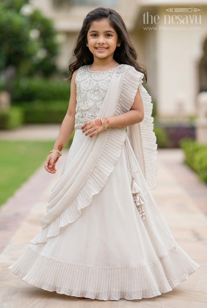 The Nesavu Girls Lehenga Choli Gray Georgette Printed Lehenga Choli with Scalloped Sequins Design for Girls Nesavu 18 (2Y) / Gray GL477A-18 Gray Georgette Printed Lehenga Choli with Scalloped Sequins Design for Girls Nesavu