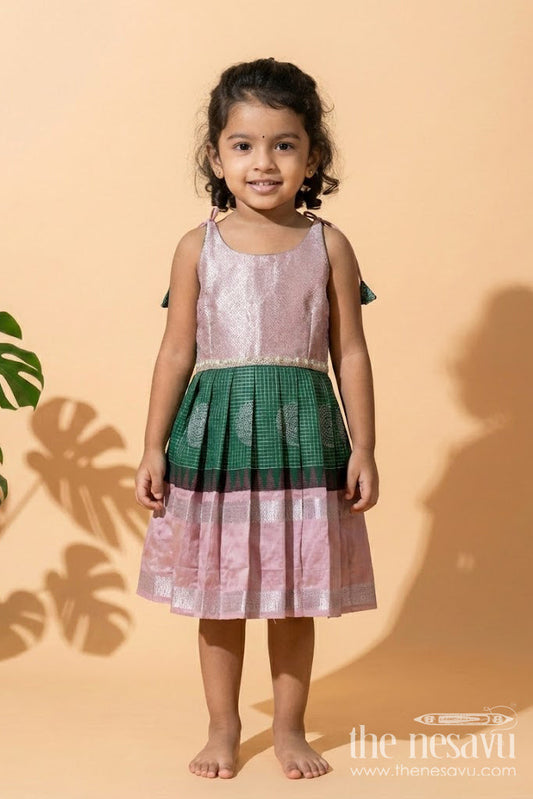 The Nesavu Tie-up Frock Green and Blush Pink Semi Silk Frock for Baby Girls Traditional Festive Outfit Nesavu 14 (6M) / Green / Style 1 SF998CA-14 Nesavu Baby Girl Festive Frock In Green And Blush Pink Semi Silk Dress With Temple Borders