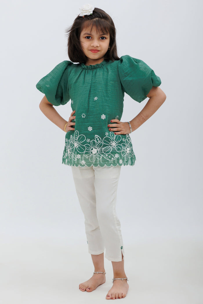The Nesavu Girls Sharara / Plazo Set Green and Cream Designer Top and Pants Set for Girls Nesavu Green and Cream Designer Top and Pants Set for Girls - Nesavu