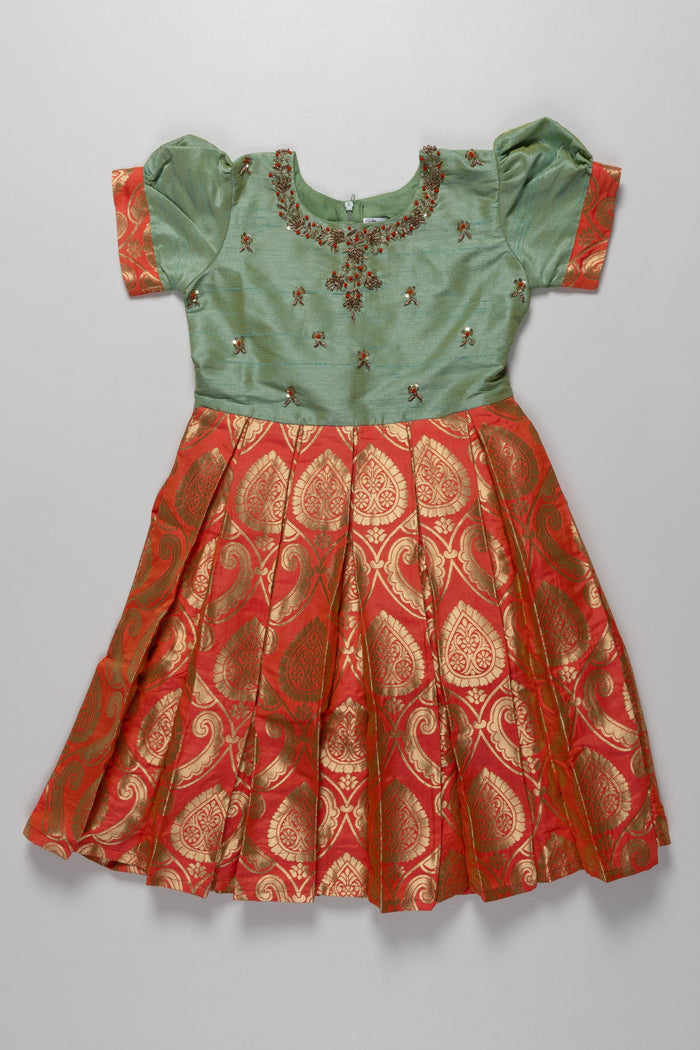 The Nesavu Silk Party Frock Green and Red Banarasi Semi-Silk Dress for Girls - Perfect for Festive Celebrations Nesavu 16 (1Y) / Orange / Silk Blend SF785B-16 Green and Red Banarasi Semi-Silk Dress for Girls - Festive Celebrations