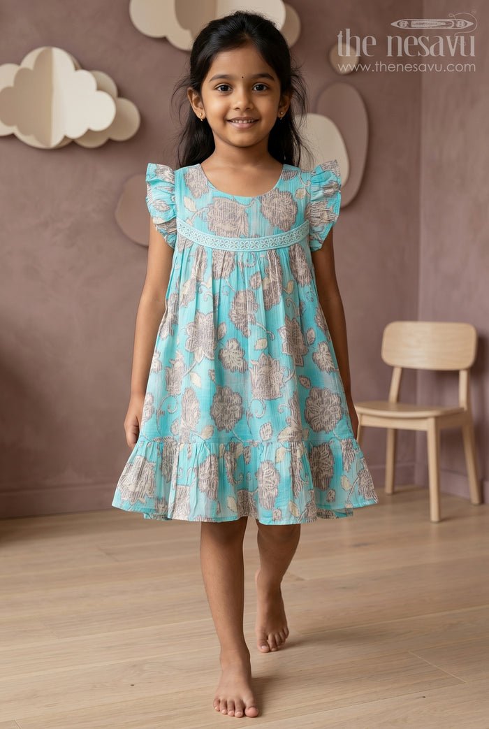 The Nesavu Girls Cotton Frock Green Floral Printed Cotton Frock for Girls Nesavu 16 (1Y) / Blue GFC1335B-16 Green Floral Printed Cotton Frock for Girls - Comfortable & Cute | The Nesavu