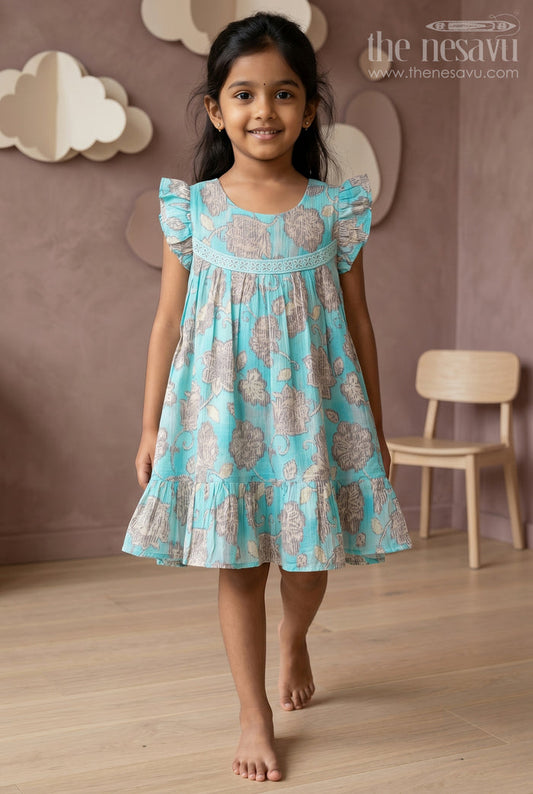The Nesavu Girls Cotton Frock Green Floral Printed Cotton Frock for Girls Nesavu 16 (1Y) / Blue GFC1335B-16 Green Floral Printed Cotton Frock for Girls - Comfortable & Cute | The Nesavu