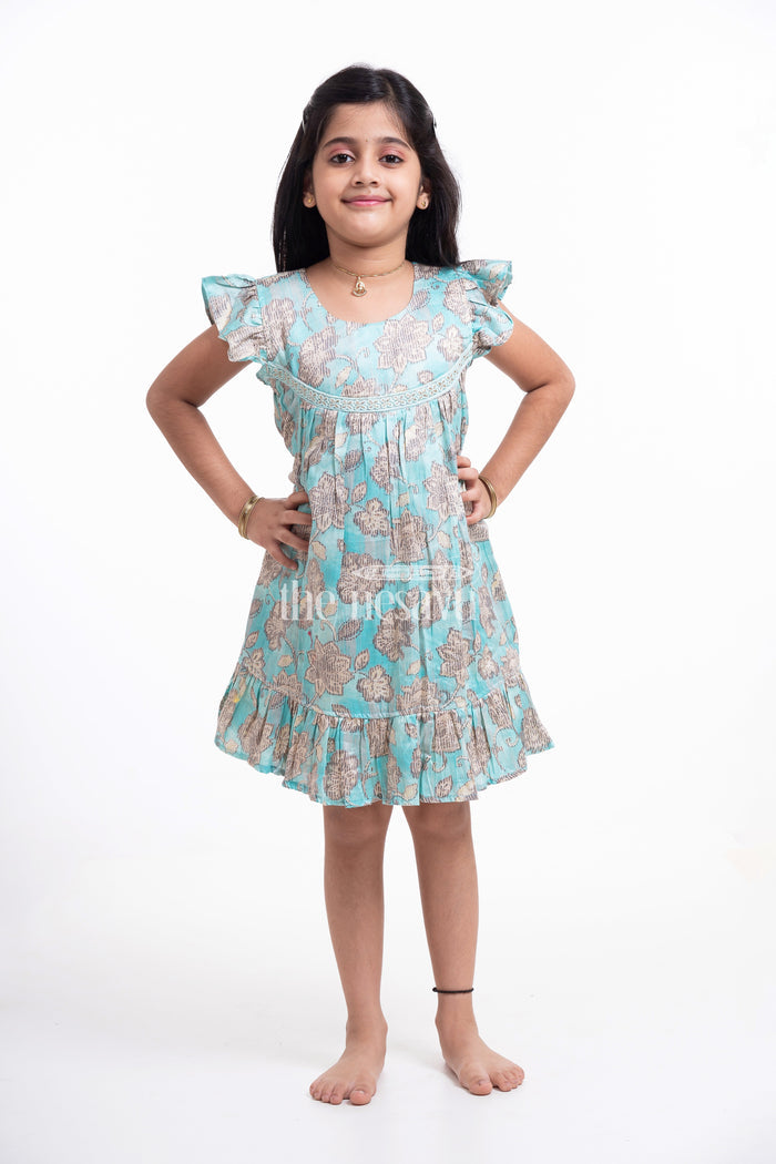 The Nesavu Girls Cotton Frock Green Floral Printed Cotton Frock for Girls Nesavu Green Floral Printed Cotton Frock for Girls - Comfortable & Cute