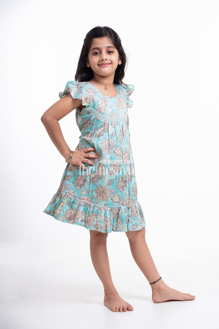 The Nesavu Girls Cotton Frock Green Floral Printed Cotton Frock for Girls Nesavu Green Floral Printed Cotton Frock for Girls - Comfortable & Cute